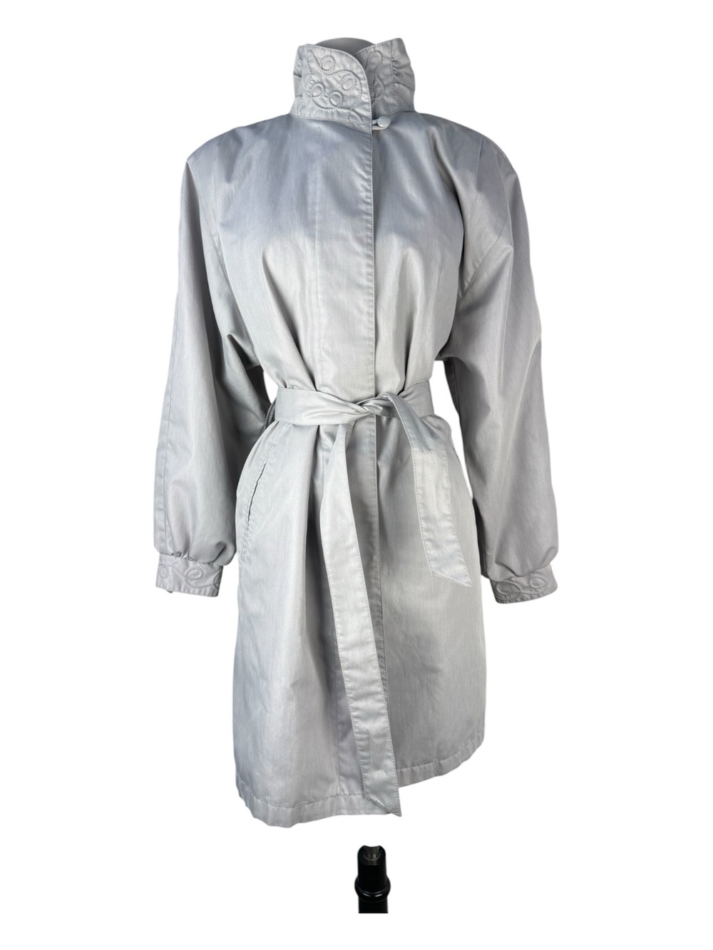 Vintage 80s London Fog Pearlescent Gray Trench Coat 3D Swirl Collar Size 8 Reg